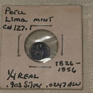 Peru 1/4 Real Silver Coin • 1843 Lima Mint • Early Republic • KM#143 • Rare